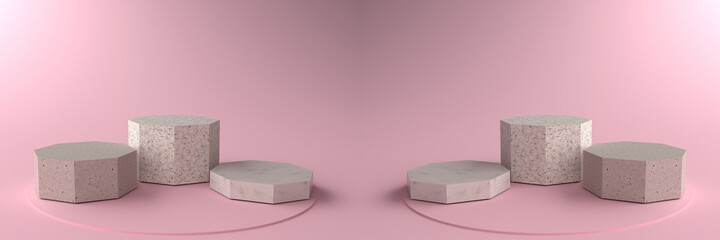 3D rendering of Octagonal marble Pedestal, Podium for display product on pink floor. Pedestal can be used for commercial advertising, Isolated on pink background, Product Presentation, illustration.