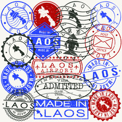 Laos Set of Stamps. Travel Passport Stamp. Made In Product. Design Seals Old Style Insignia. Icon Clip Art Vector.
