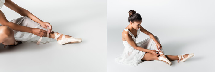 collage of graceful african american ballerina in dress adjusting pointe shoes on white background,...