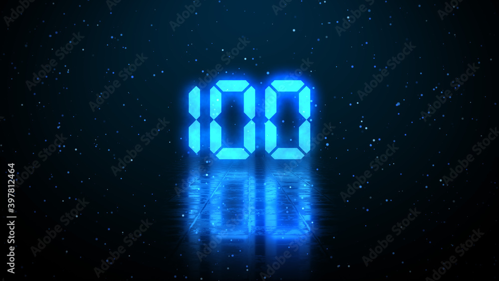 Poster blue light number 100 digital digits display with floor reflection and glitter dust on dark blue bac