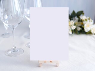 Wedding bar menu template mockup, drinks menu on wooden easel,  white blank card and wine glasses  and flowers in background. - obrazy, fototapety, plakaty
