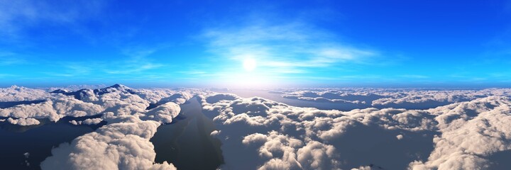 Panorama of clouds at sunset, view of the clouds from above, sunrise above the clouds