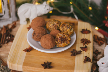 Handmade homemade sweets on a Christmas background. Cooking.