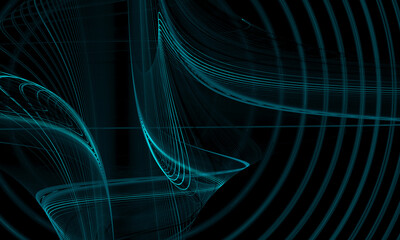Abstract digital background. Blue enlightened curves, stripes and circles over black. Technologic sound and wave theme.