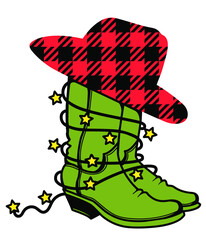 Buffalo Plaid Christmas Cowboy boots silhouette with lights. Vector illustration Cowboy hat Country Christmas isolated on white