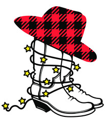 Buffalo Plaid Christmas Cowboy boots silhouette with lights. Vector illustration Cowboy hat Country Christmas isolated on white