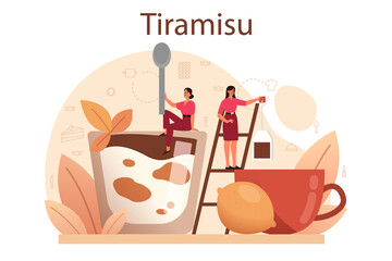 Tiramisu dessert. People cooking delicious italian cake. Sweet slice