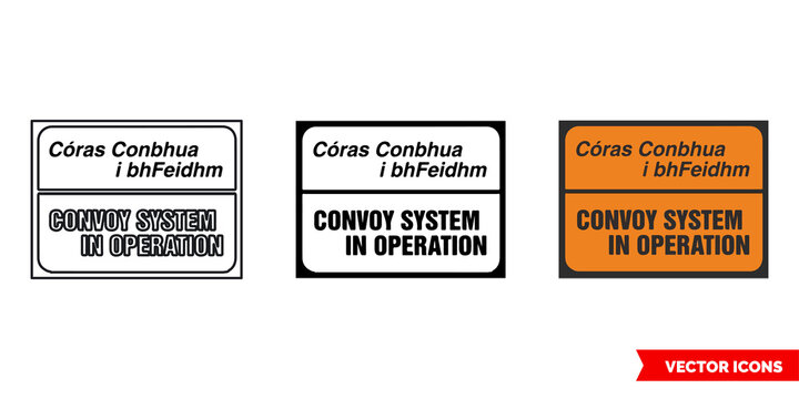 Convoy system in operation roadworks sign icon of 3 types color, black and white, outline. Isolated vector sign symbol.