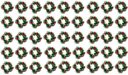 Decorative Christmas wreath woven of pine branches with red berries and pine cones covered with snow. Seamless pattern. Isolated on white background. Top view. Winter holiday decoration concept
