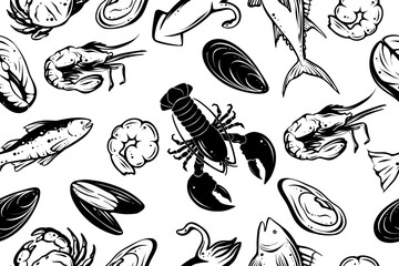 Seafood seamless pattern, vector, engraving style