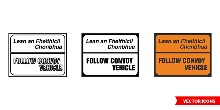 Follow convoy vehicle roadworks sign icon of 3 types color, black and white, outline. Isolated vector sign symbol.