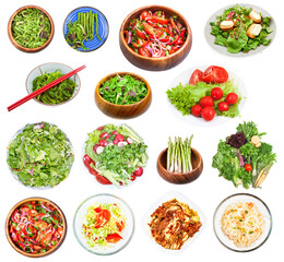 set of various vegetable salads isolated on white background