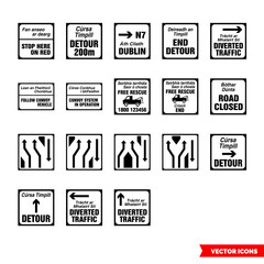 Roadworks signs icon set of black and white types. Isolated vector sign symbols. Icon pack.