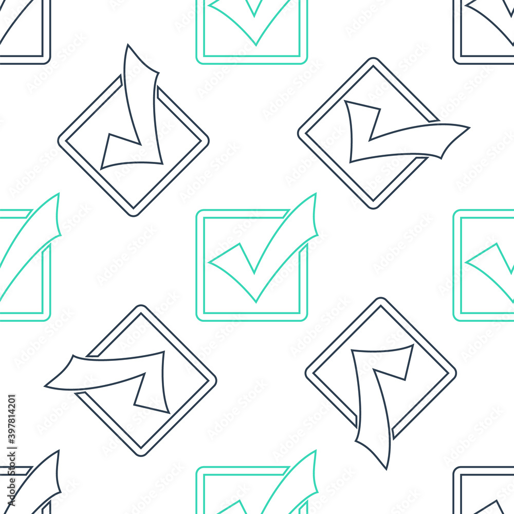 Poster green check mark in a box line icon isolated seamless pattern on white background. tick symbol. chec