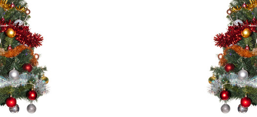 Decorative glass white, golden, and red glittering ball ornaments and white, golden, red tinsel, garland on Christmas trees. Isolated on white background. Banner, copy space. Winter holiday concept