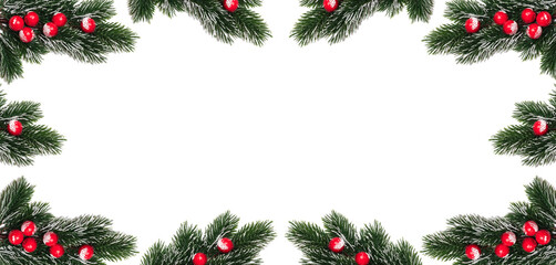 Fototapeta na wymiar Decorative Christmas snowy frosty fir twigs with red berries encircling copy space in the middle. Banner size. Isolated on white background. Christmas card and winter holidays decoration concept