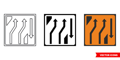 Two lane crossover out roadworks sign icon of 3 types color, black and white, outline. Isolated vector sign symbol.