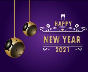 2021 happy new year, purple background with Gold colored with elements.