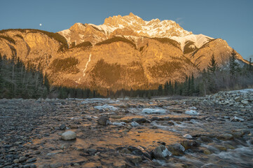 Cascade Rapids and Cascade Mountain at sunrise in Banff National Park, Alberta, Canada