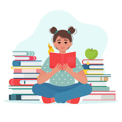 Cute little girl holding book in hands and is reading a book. Vector illustration in flat style