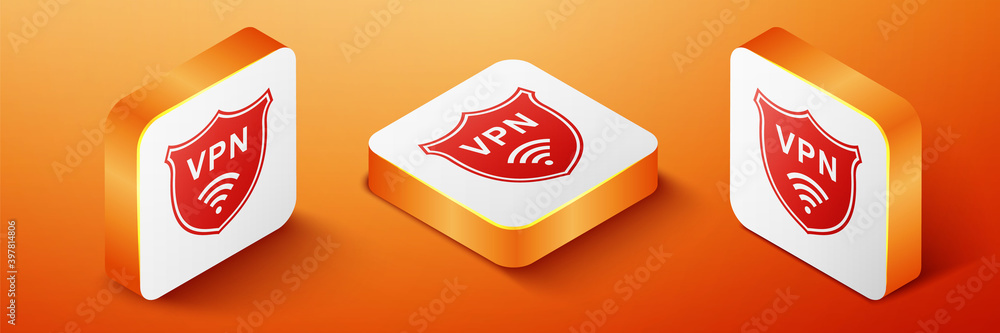 Poster isometric shield with vpn and wifi wireless internet network icon isolated on orange background. vpn