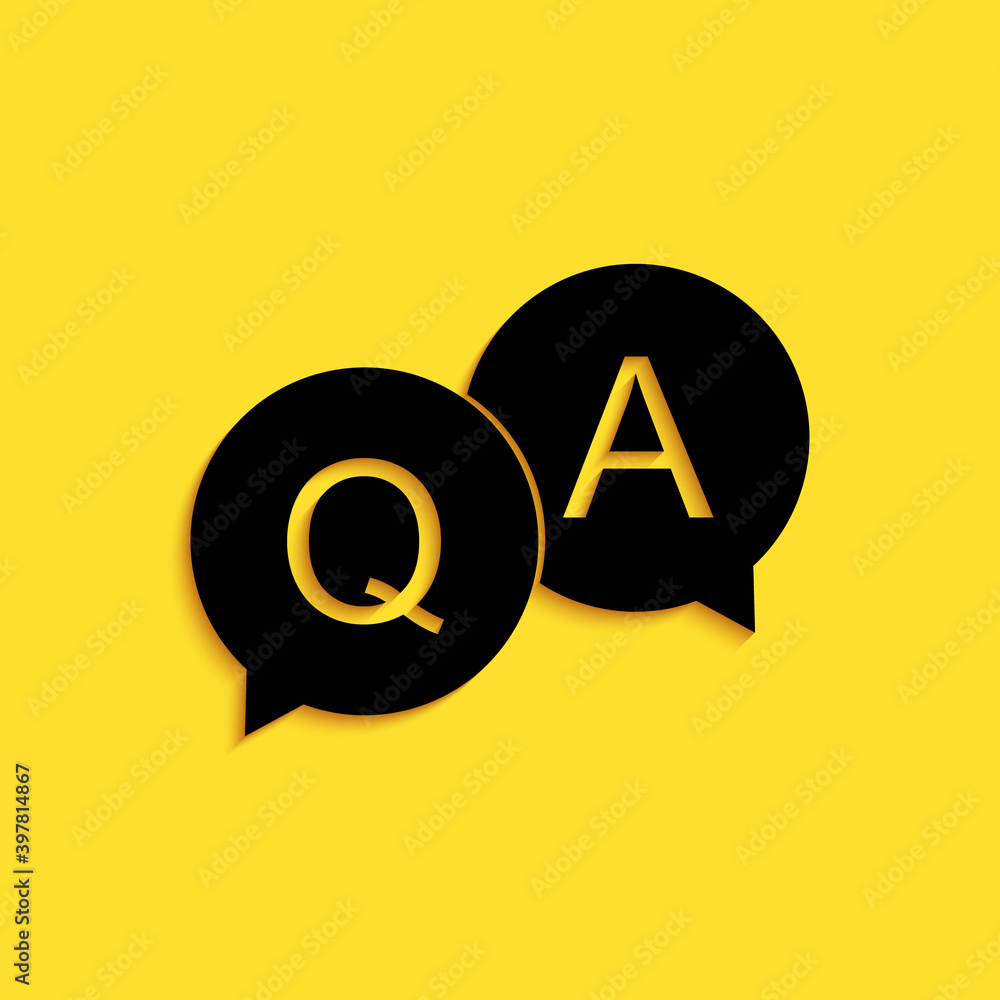 Poster black question and answer mark in speech bubble icon isolated on yellow background. q and a symbol. 