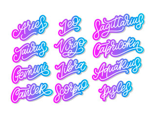 Zodiac lettering Vector Sign. Cartoon astrology text illustration. Horoscope handwritten icon set.