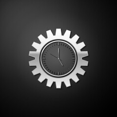 Silver Time Management icon isolated on black background. Clock and gear sign. Productivity symbol. Long shadow style. Vector.