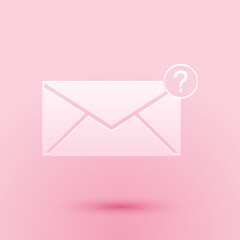 Paper cut Envelope with question mark icon isolated on pink background. Letter with question mark symbol. Send in request by email. Paper art style. Vector.