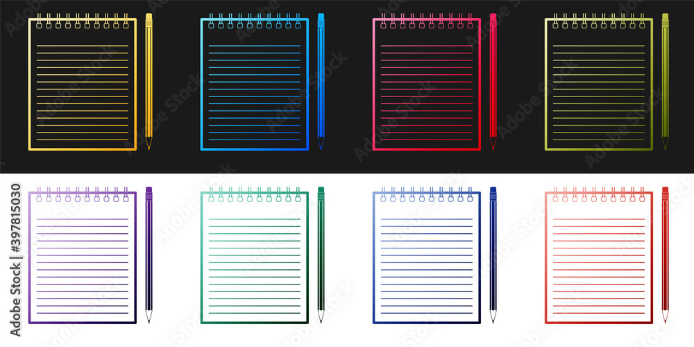 Poster set blank notebook and pencil with eraser icon isolated on black and white background. vector.