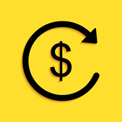 Black Refund money icon isolated on yellow background. Financial services, cash back concept, money refund, return on investment, currency exchange. Long shadow style. Vector.
