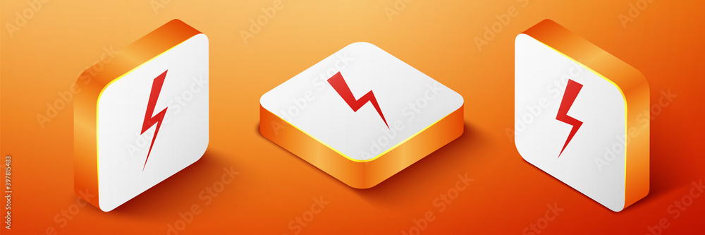 Aufkleber isometric lightning bolt icon isolated on orange background. flash icon. charge flash icon. thunder 