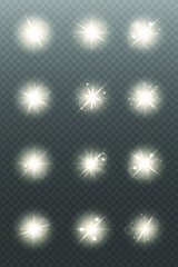 Shining golden stars isolated on transparent background.
Effects and backgrounds for New Year and Christmas. Vector illustration