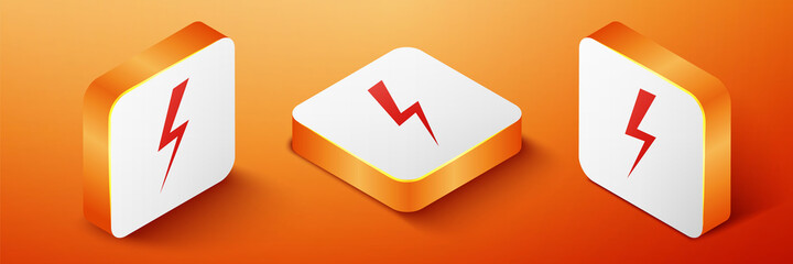 Isometric Lightning bolt icon isolated on orange background. Flash icon. Charge flash icon. Thunder bolt. Lighting strike. Orange square button. Vector.