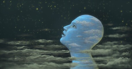 Concept art, conceptual painting, idea of spiritual mind soul hope, surreal artwork, blue sky human with starry night, imagination illustration  © Jorm Sangsorn