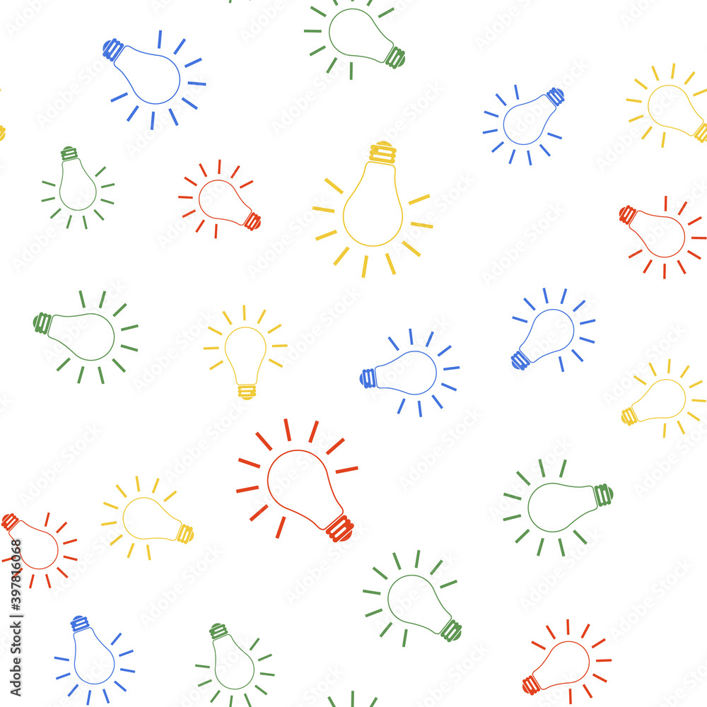 Poster color light bulb with rays shine icon isolated seamless pattern on white background. energy and idea