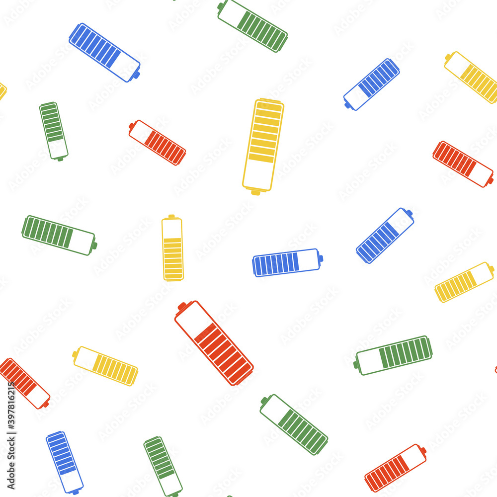 Poster color battery charge level indicator icon isolated seamless pattern on white background. vector.