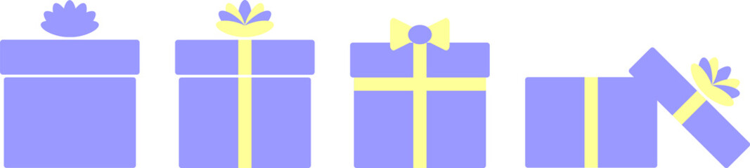 Vector graphic set of gift boxes with different decorations of ribbons andbow-knots, light blue and yellow colors. Design for online shop, banner, promotion, coupon