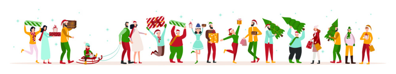 Christmas shopping, people in warm clothes go with shopping bags, preparations for the New Year and Christmas. Vector illustration