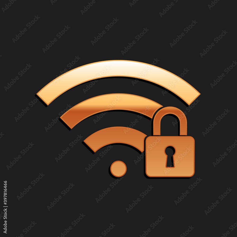 Poster gold wifi locked icon isolated on black background. password wi-fi symbol. wireless network icon. wi