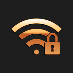 Gold Wifi locked icon isolated on black background. Password Wi-fi symbol. Wireless Network icon. Wifi zone. Long shadow style. Vector.