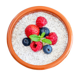 Chia seed pudding  with fruits and  berries isolated on white background. Chia seeds Yogurt. Top view.