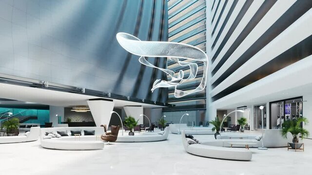 Atrium shopping mall. Interior of an empty modern shopping mall. Modern shopping mall. Lounge zone in shopping mall. 3d visualization