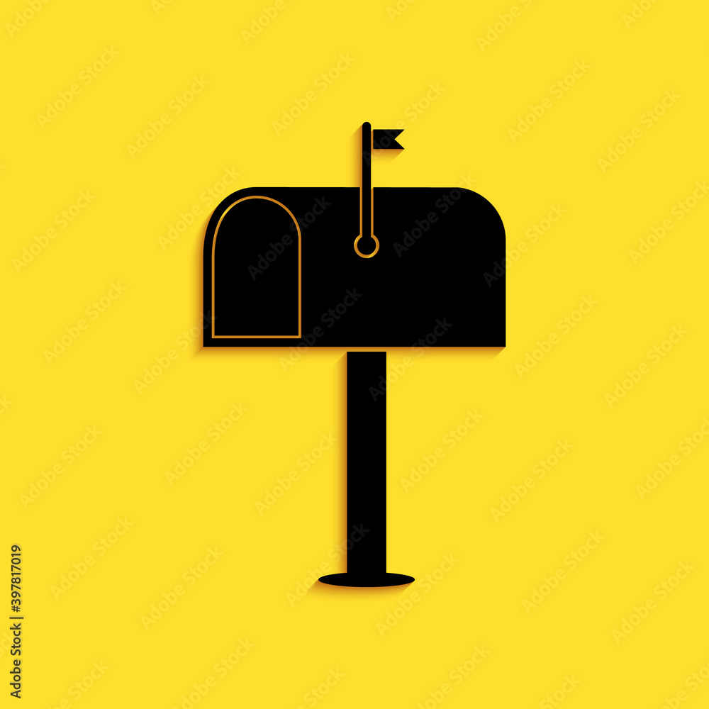 Poster black mail box icon isolated on yellow background. mailbox icon. mail postbox on pole with flag. lon