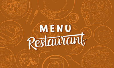 Menu template for a restaurant. Cover of a brochure with dishes drawn in the style of a sketch.