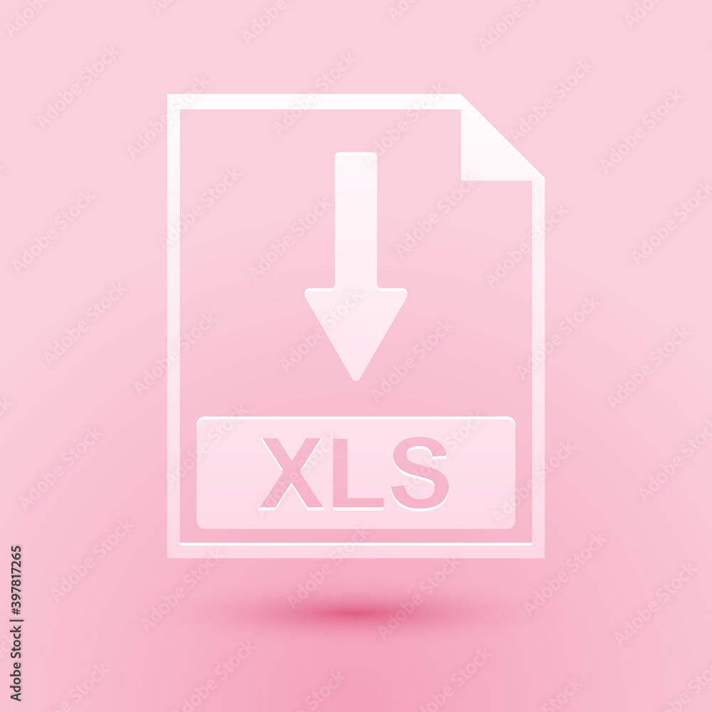 Poster paper cut xls file document icon. download xls button icon isolated on pink background. paper art st