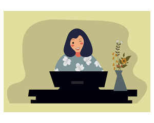 A girl sitting front of computer/desktop ilustration vector.Work from Home.