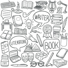 Writer doodle icon set. Literature Vector illustration collection. Book Banner Hand drawn Line art style. © josepperianes
