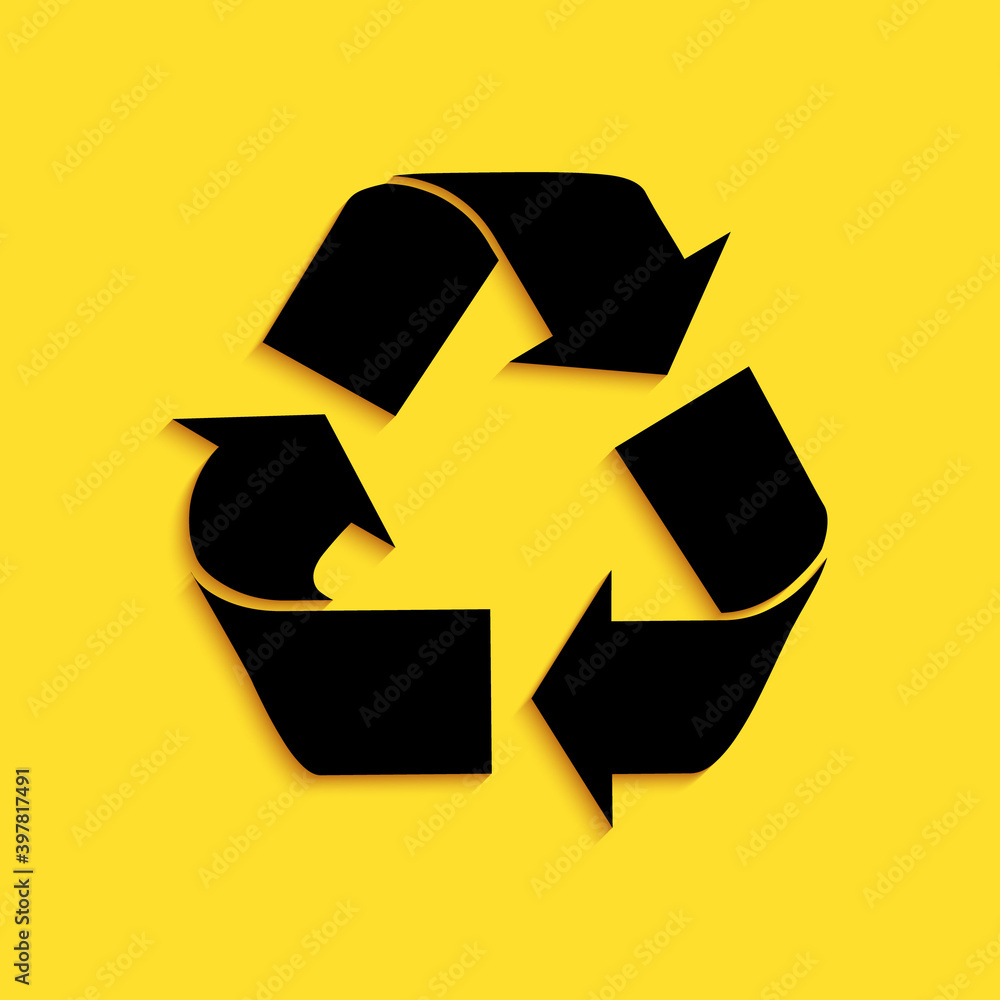 Poster black recycle symbol icon isolated on yellow background. circular arrow icon. environment recyclable