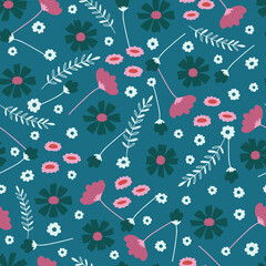 Blue and Pink Daisies and Tulips Seamless Pattern